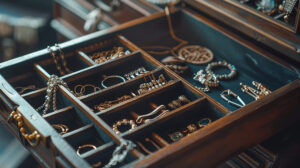 Organizador de joias com aneis, pulseiras, brincos e caixa de madeira